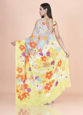 Multi coloured  floral styled digital printed chinnon silk saree with blouse 2