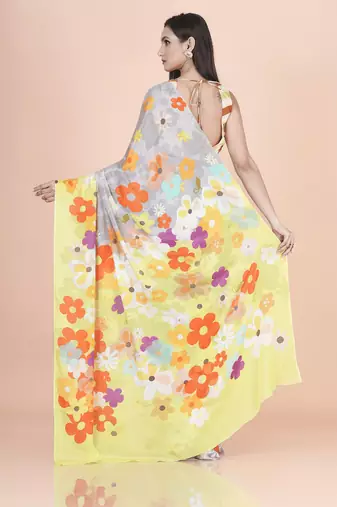 Multi coloured  floral styled digital printed chinnon silk saree with blouse