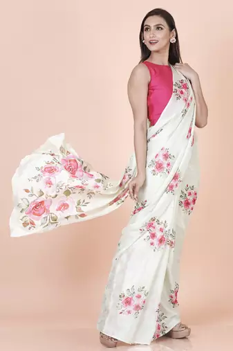 White coloured  floral styled digital printed chinnon silk saree with blouse