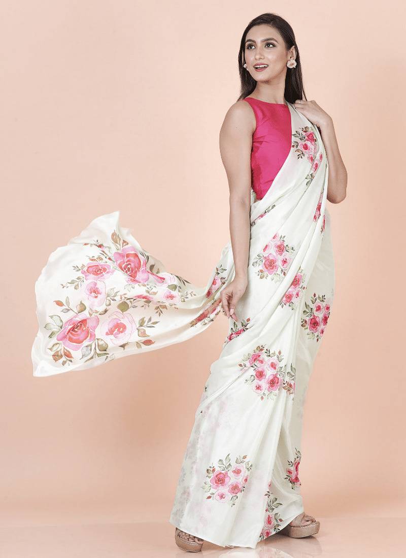 White coloured  floral styled digital printed chinnon silk saree with blouse