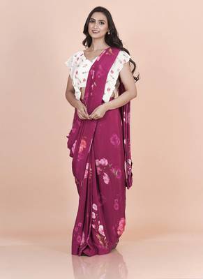 Wine coloured  floral styled digital printed crepe saree with blouse 2
