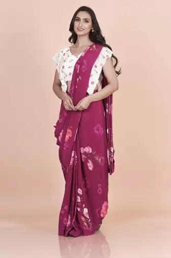 Wine coloured  floral styled digital printed crepe saree with blouse