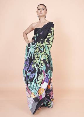 Multi coloured  botanical styled digital printed crepe saree with blouse 3