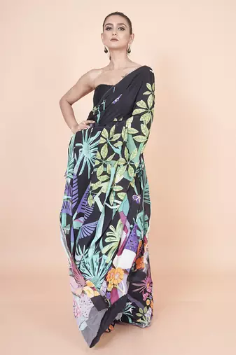 Multi coloured  botanical styled digital printed crepe saree with blouse