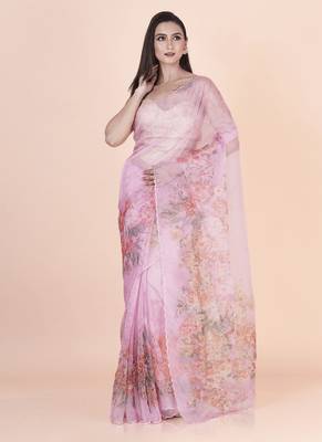 Pink coloured  floral styled digital printed with hand pita work n. orgenza saree with blouse 4