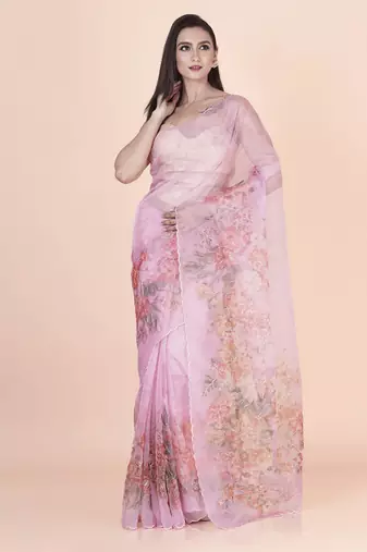 Pink coloured  floral styled digital printed with hand pita work n. orgenza saree with blouse