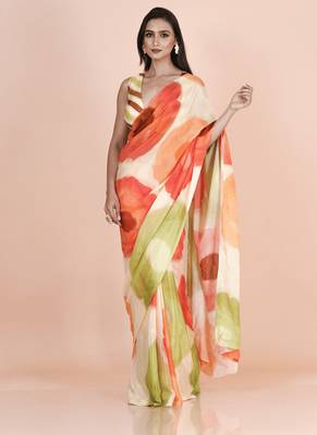 Multi coloured abstruct styled artistic  digital printed chinnon silk saree with blouse 1