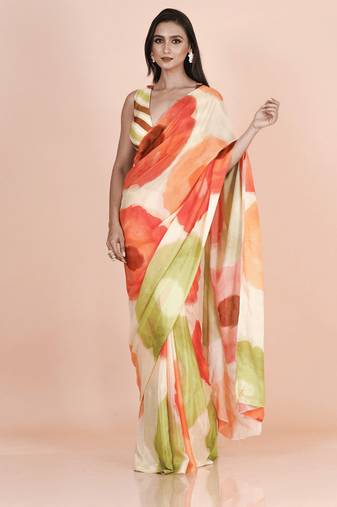 Multi coloured abstruct styled artistic  digital printed chinnon silk saree with blouse