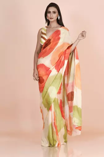 Multi coloured abstruct styled artistic  digital printed chinnon silk saree with blouse