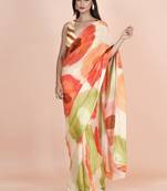 Multi coloured abstruct styled artistic  digital printed chinnon silk saree with blouse
