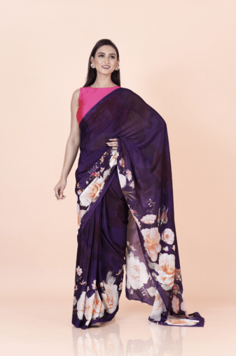 Purple coloured floral styled digital printed chinnon silk saree with blouse