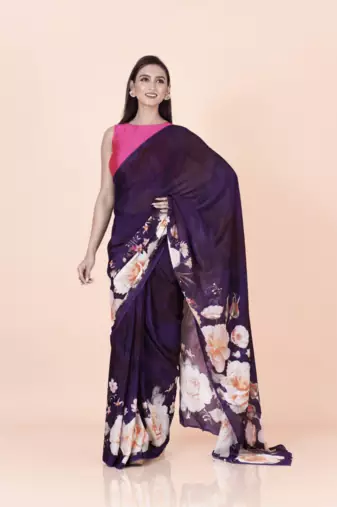 Purple coloured floral styled digital printed chinnon silk saree with blouse