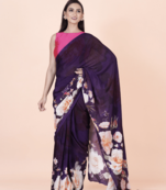 Purple coloured floral styled digital printed chinnon silk saree with blouse