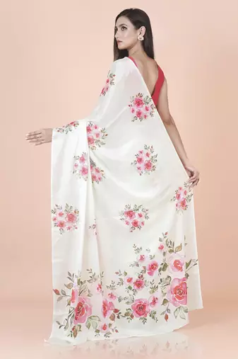 White coloured  floral styled digital printed chinnon silk saree with blouse