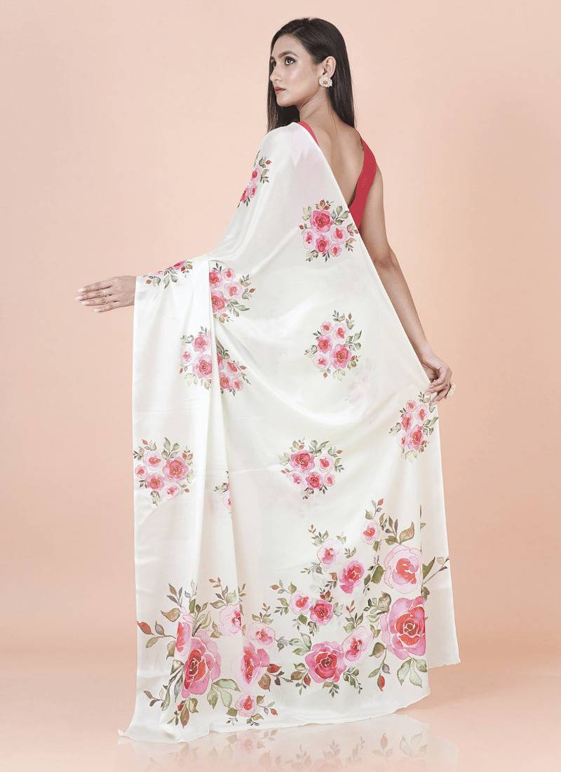 White coloured  floral styled digital printed chinnon silk saree with blouse