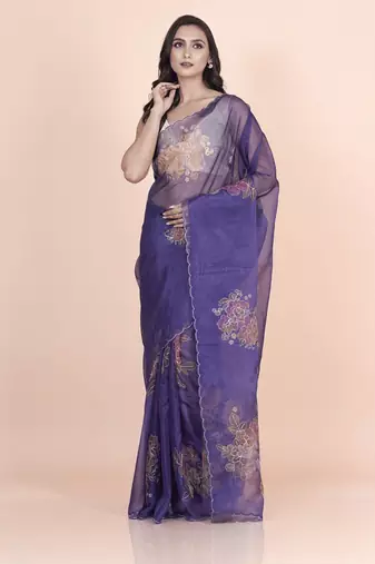 Blue coloured  floral styled digital printed with hand pita work n. orgenza saree with blouse