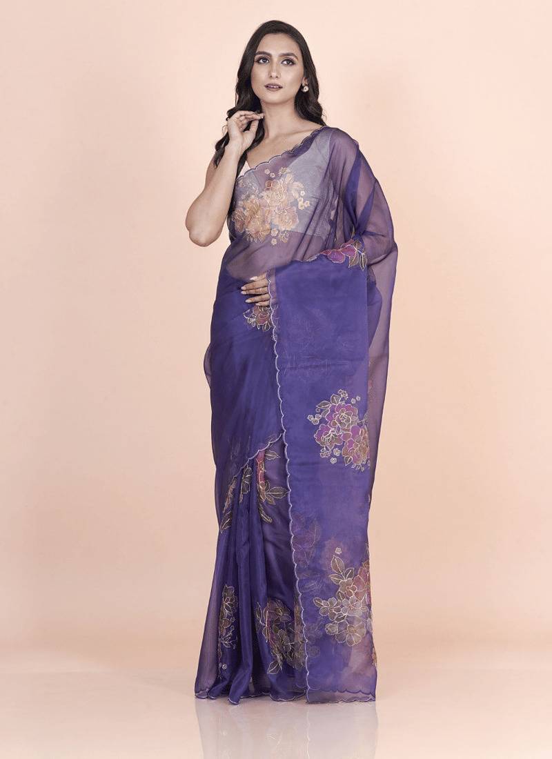 Blue coloured  floral styled digital printed with hand pita work n. orgenza saree with blouse