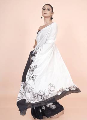 white coloured floral styled digital printed chinnon silk saree with blouse 2