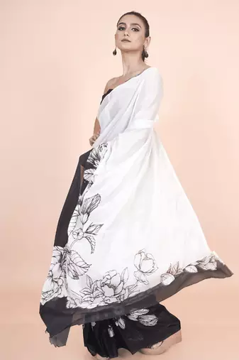 white coloured floral styled digital printed chinnon silk saree with blouse