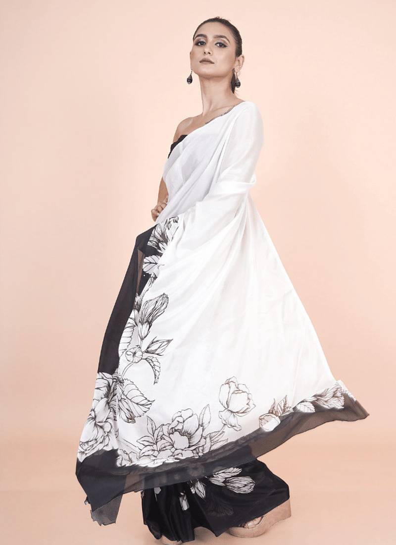 white coloured floral styled digital printed chinnon silk saree with blouse