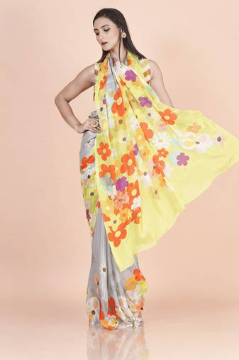 Multi coloured  floral styled digital printed chinnon silk saree with blouse