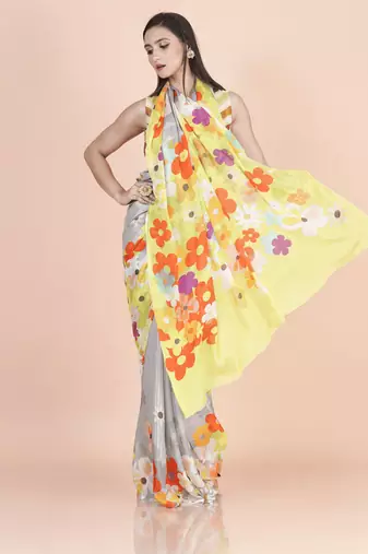 Multi coloured  floral styled digital printed chinnon silk saree with blouse