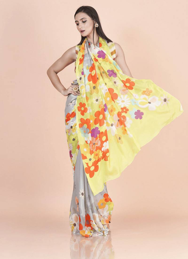 Multi coloured  floral styled digital printed chinnon silk saree with blouse