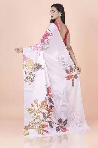 Lavender coloured floral abstract styled digital printed chinnon silk saree with blouse
