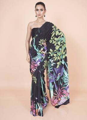 Multi coloured  botanical styled digital printed crepe saree with blouse 4