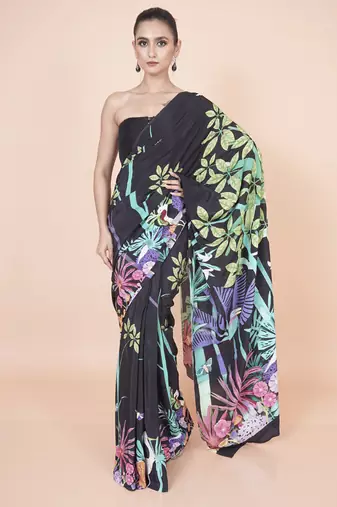 Multi coloured  botanical styled digital printed crepe saree with blouse