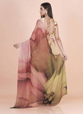 Multi coloured pixel styled digital printed chinnon silk saree with blouse 2