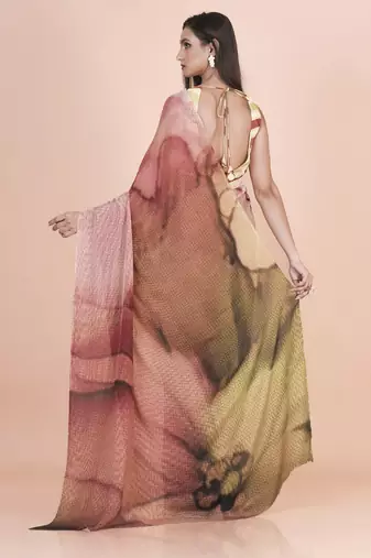 Multi coloured pixel styled digital printed chinnon silk saree with blouse