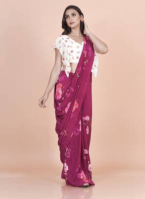 Wine coloured  floral styled digital printed crepe saree with blouse 3