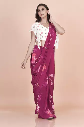 Wine coloured  floral styled digital printed crepe saree with blouse