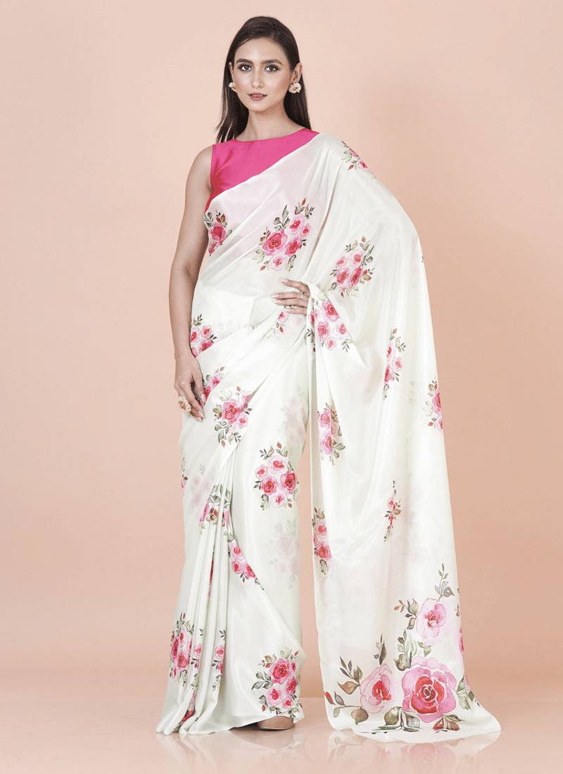 White coloured  floral styled digital printed chinnon silk saree with blouse