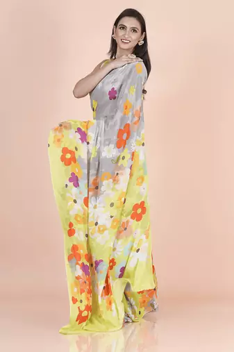 Multi coloured  floral styled digital printed chinnon silk saree with blouse