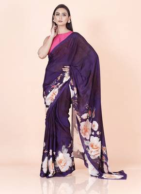 Purple coloured floral styled digital printed chinnon silk saree with blouse 2