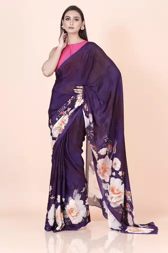 Purple coloured floral styled digital printed chinnon silk saree with blouse