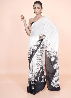 white coloured floral styled digital printed chinnon silk saree with blouse 1