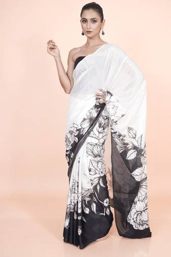 white coloured floral styled digital printed chinnon silk saree with blouse
