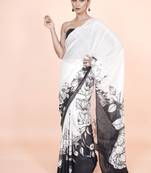 white coloured floral styled digital printed chinnon silk saree with blouse