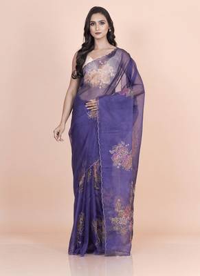 Blue coloured  floral styled digital printed with hand pita work n. orgenza saree with blouse 4