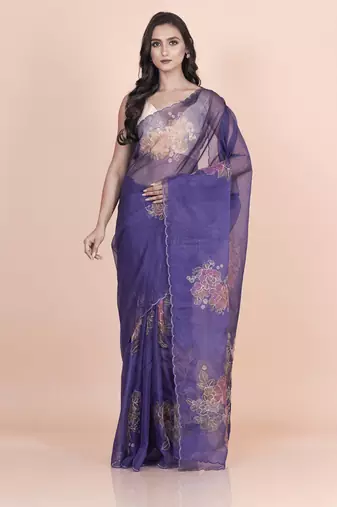 Blue coloured  floral styled digital printed with hand pita work n. orgenza saree with blouse