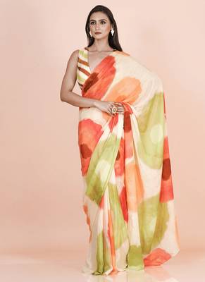 Multi coloured abstruct styled artistic  digital printed chinnon silk saree with blouse 2