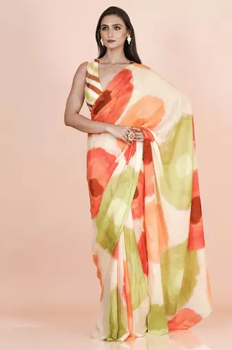 Multi coloured abstruct styled artistic  digital printed chinnon silk saree with blouse