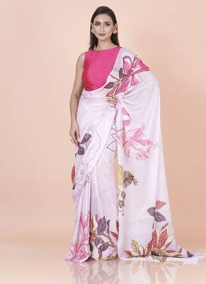 Lavender coloured floral abstract styled digital printed chinnon silk saree with blouse 1