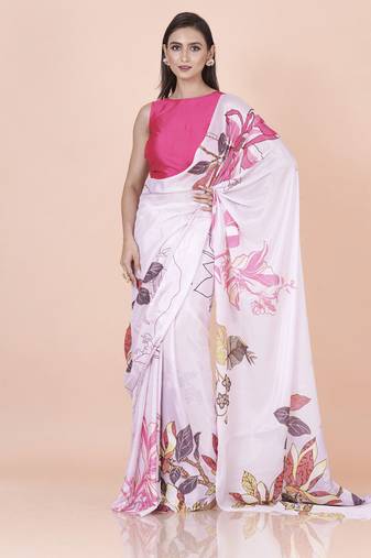 Lavender coloured floral abstract styled digital printed chinnon silk saree with blouse