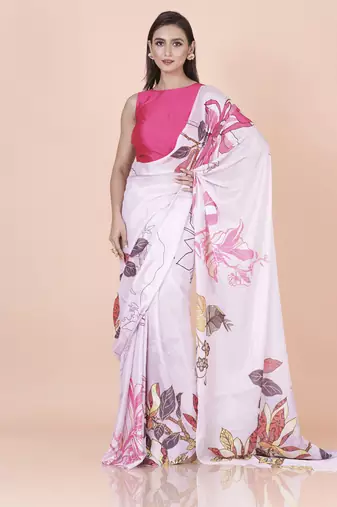 Lavender coloured floral abstract styled digital printed chinnon silk saree with blouse