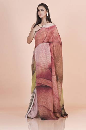 Multi coloured pixel styled digital printed chinnon silk saree with blouse