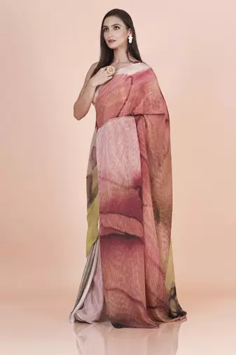 Multi coloured pixel styled digital printed chinnon silk saree with blouse